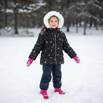 ZeroXposur Girls Puffer Jacket Black Gold Foil Stars Faux Fur Hood NWOT Size 4/5