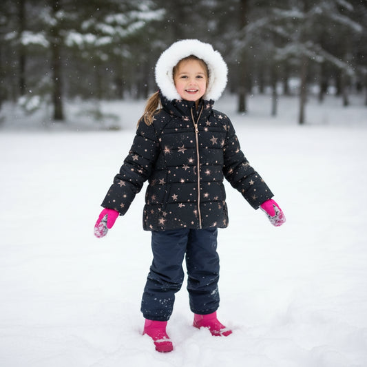 ZeroXposur Girls Puffer Jacket Black Gold Foil Stars Faux Fur Hood NWOT Size 4/5