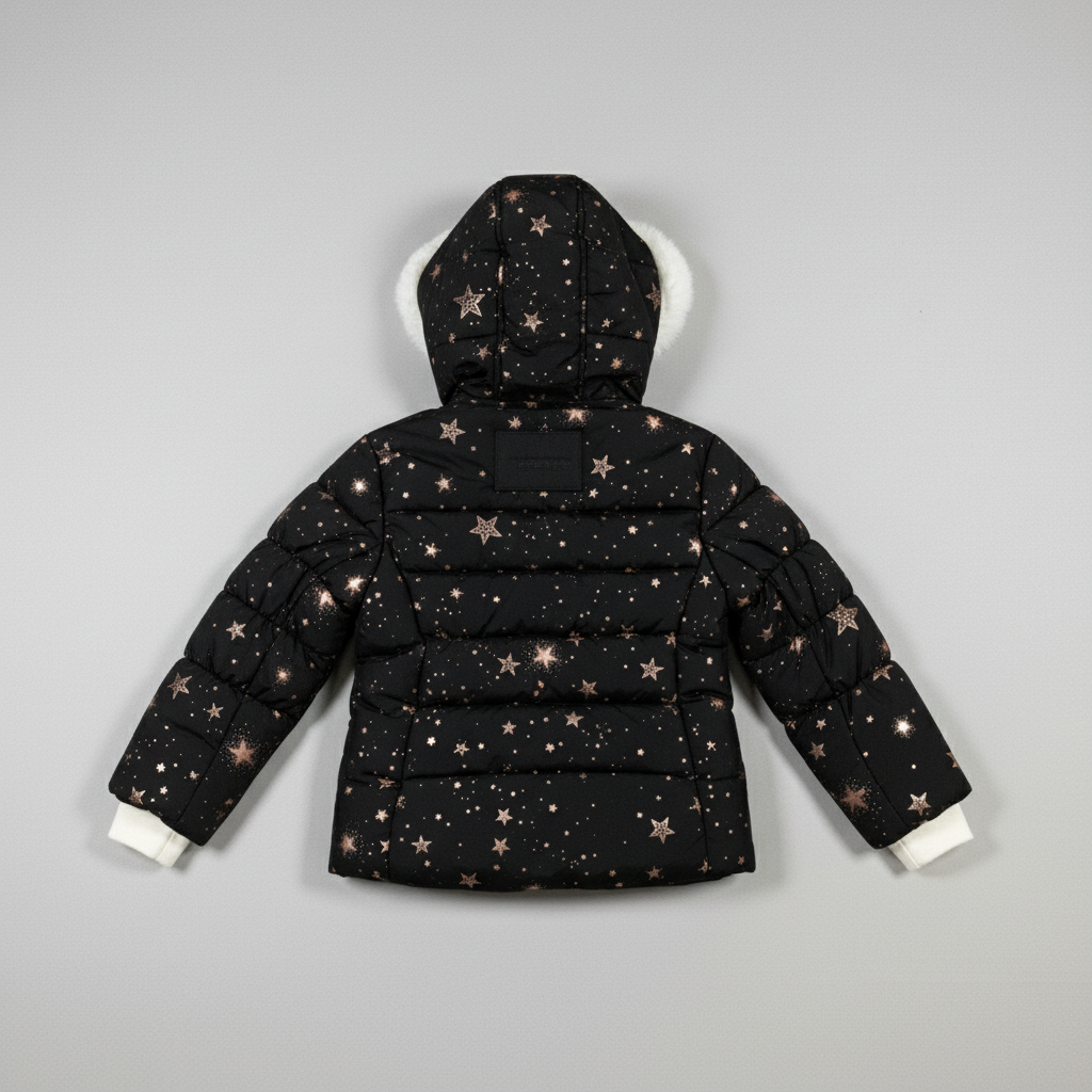 ZeroXposur Girls Puffer Jacket Black Gold Foil Stars Faux Fur Hood NWOT Size 4/5
