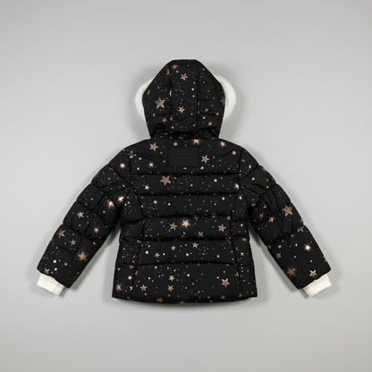 ZeroXposur Girls Puffer Jacket Black Gold Foil Stars Faux Fur Hood NWOT Size 4/5