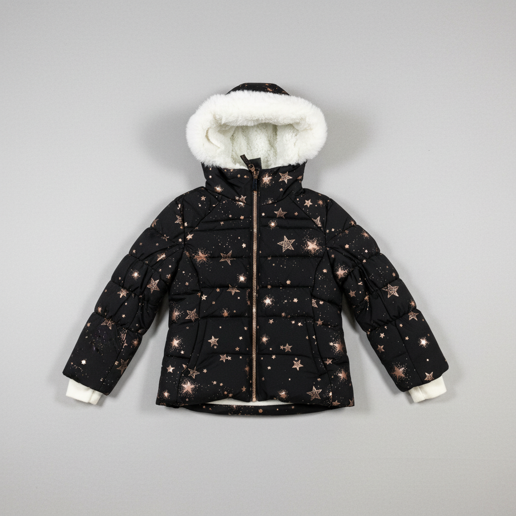 ZeroXposur Girls Puffer Jacket Black Gold Foil Stars Faux Fur Hood NWOT Size 4/5