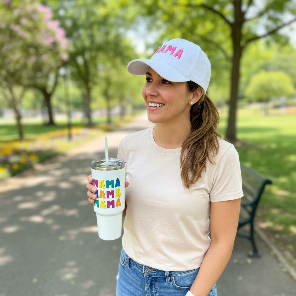 Mamá Mother's Day Gift Set White Baseball Cap & Insulated Tumbler Box