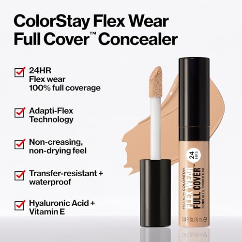 Revlon ColorStay Flex Wear, Full Cover Non-Creasing Concealer, Infused with Hyaluronic Acid & Vitamin E, Flexible Longwear, 015 Light, 0.34 Fl Oz