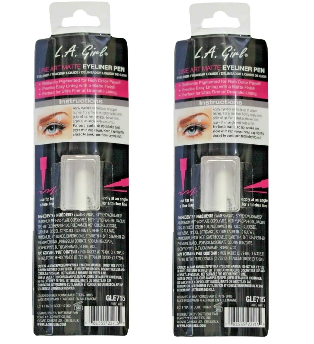 Pack of 2 L.A. Girl Line Art Matte Eyeliner Pen, Pure White GLE715