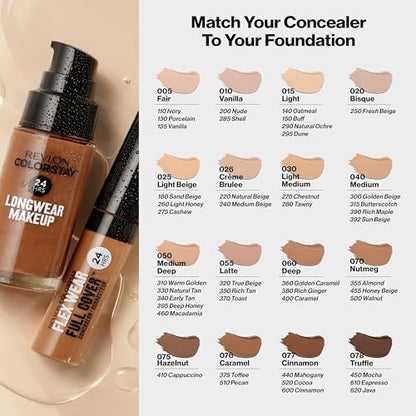 Revlon ColorStay Flex Wear, Full Cover Non-Creasing Concealer, Infused with Hyaluronic Acid & Vitamin E, Flexible Longwear, 076 Caramel, 0.34 Fl Oz