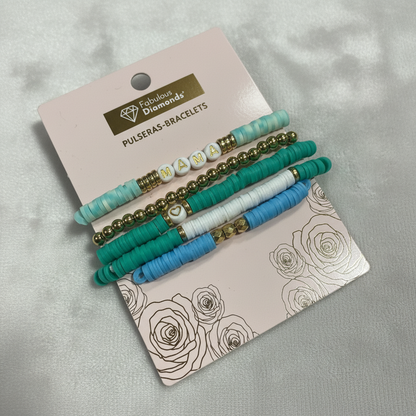 15pc Mom Bracelet Set 3 Packs of 5 Stackable Beaded Pink Silver Turquoise Gold