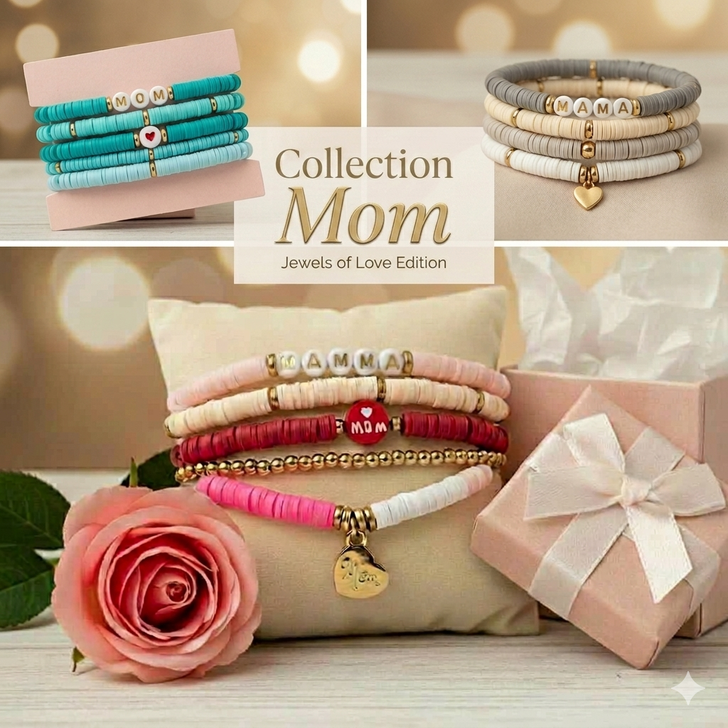 15pc Mom Bracelet Set 3 Packs of 5 Stackable Beaded Pink Silver Turquoise Gold