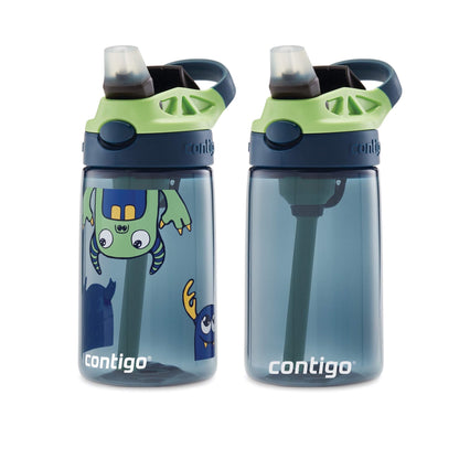 Contigo Aubrey Kids Cleanable Water Bottle with Silicone Straw and Spill-Proof Lid, Blueberry & Monsters, 14 Ounce, 2-Pack