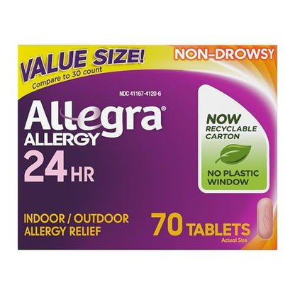 Allegra Adult 24HR Non-Drowsy Antihistamine, 70 Tablets, Fast-acting Allergy Symptom Relief, 180 mg