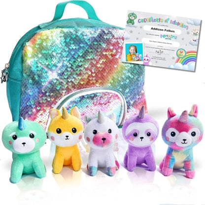 Pomkins Girls Gift Sequins Bag with 5 Plush Stuffed Unicorns and PDF Gift Certificate - Ages 3+