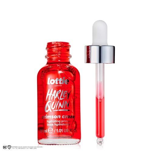 Lottie London x Harley Quinn Crimson Craze Primer, Hydrating crimson serum-primer that grips makeup for long-wear for a dewy glow finish