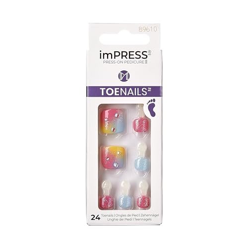 KISS imPRESS No Glue Pedi Press-On Toenails, Rainbow color with Rhinestone, Pink, Light Blue, Glitter, Squoval Shape, Includes 24 Nails, Prep Pad, 1 Manicure Stick, 1 Mini File