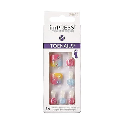 KISS imPRESS No Glue Pedi Press-On Toenails, Rainbow color with Rhinestone, Pink, Light Blue, Glitter, Squoval Shape, Includes 24 Nails, Prep Pad, 1 Manicure Stick, 1 Mini File