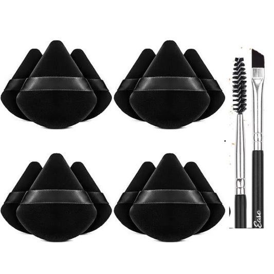 Triangle Powder Puff, 12 Black Makeup Puffs, Makeup Powder Puffs for face powder, Setting Powder Puff for Loose Powder and Cosmetic Foundation, Eyelash brush & Eyebrow brush as Add-on