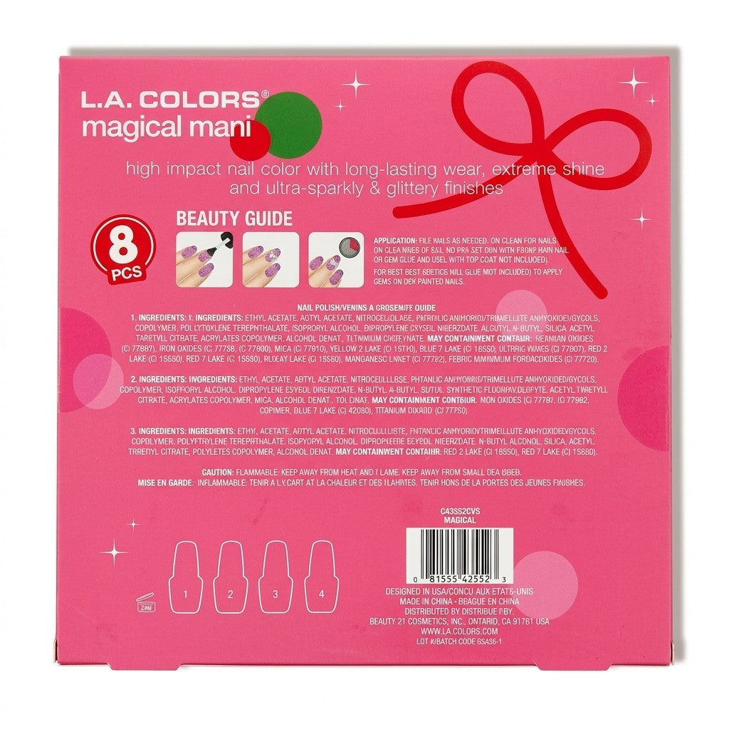 L.A. COLORS Magical Mani 8 Piece Nail Polish Gift Set 4 Polishes 3 Files & Gems