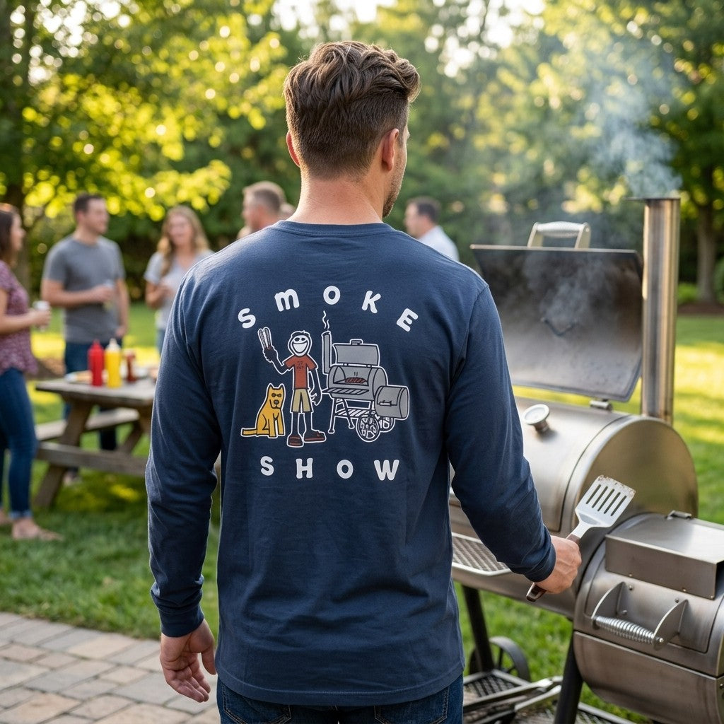 Life Is Good Men's XL Long Sleeve Crusher Tee Smoker BBQ Grill Navy Blue NWT