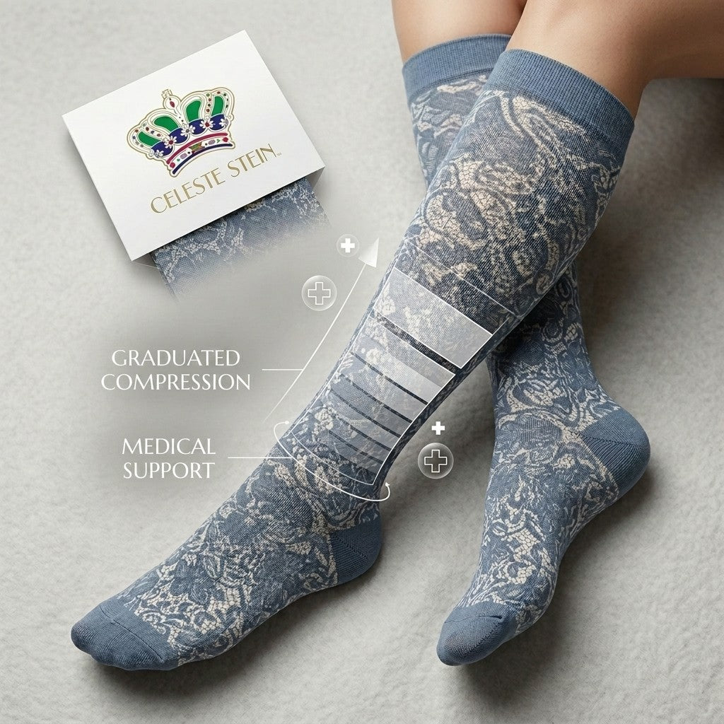 Celeste Stein Women's Knee High Compression Socks 8-15 mmHg Blue Floral SIze Shoes 5-11