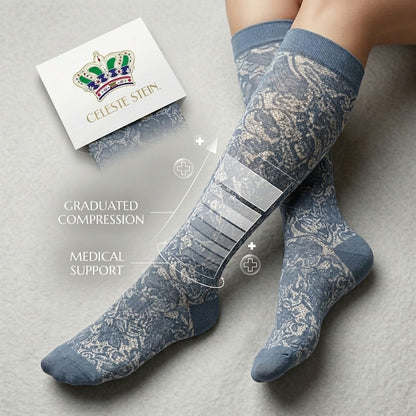 Celeste Stein Women's Knee High Compression Socks 8-15 mmHg Blue Floral SIze Shoes 5-11