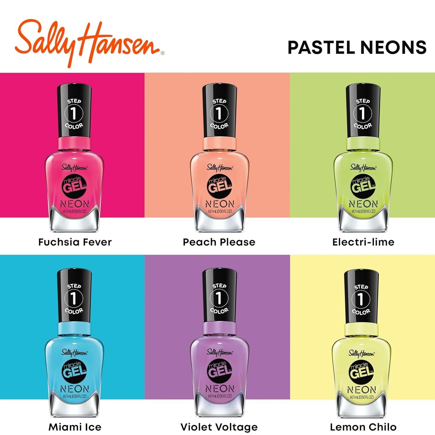 Sally Hansen Miracle Gel Neons Salon Quality Nail Polish Gel Like Formula Two Step System No UV Light Needed Long Lasting Opaque Glossy 53 Miami Ice Neon Blue Nail Polish