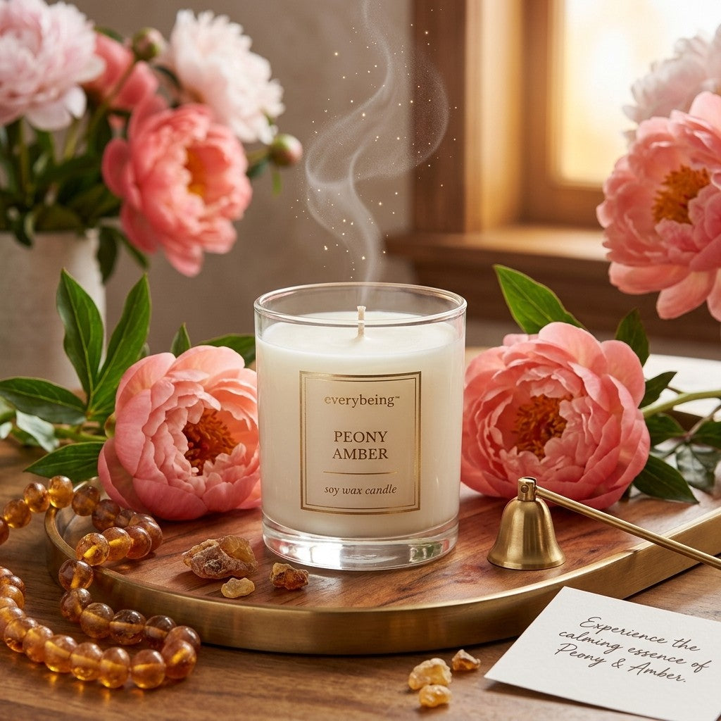 Everybeing Peony Amber Soy Wax Scented Candle 8oz Floral Exotic Spices Relax