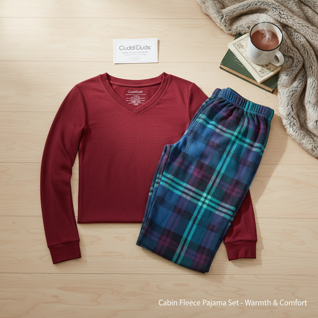 Cuddl Duds Men's Cozy Lodge 2-Pc Pajama Set Large Red V-Neck Blue Plaid NWT