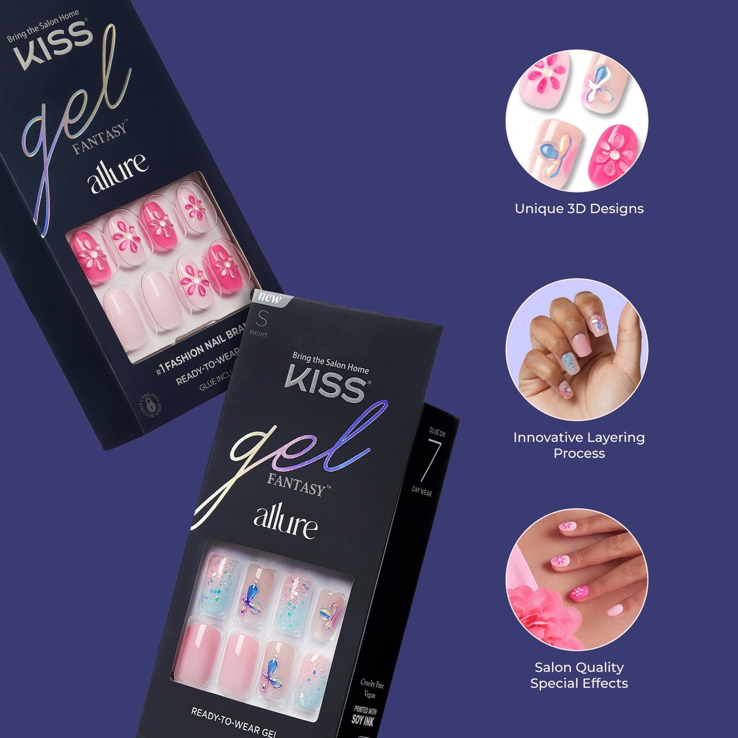KISS Gel Fantasy Allure Ready-To-Wear Long Almond Fake Nails, Pink & Silver