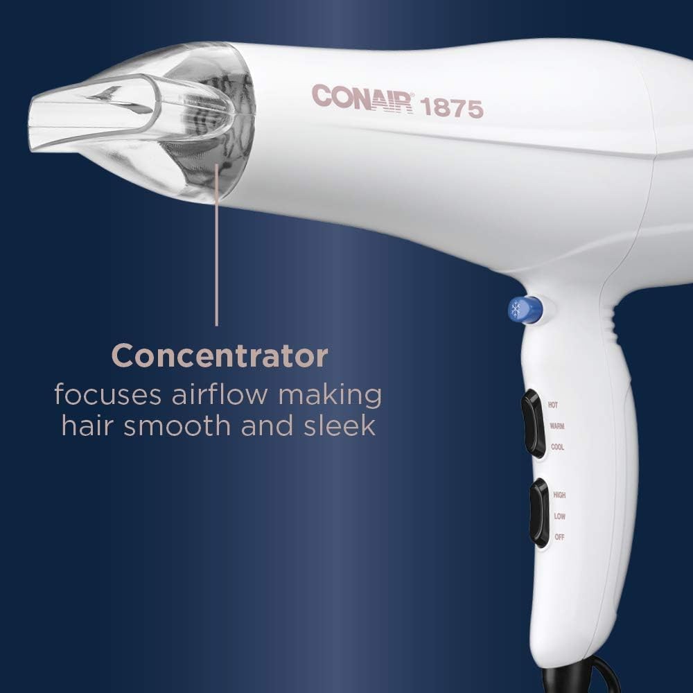 Conair Double Ceramic 1875W Hair Dryer, 3 Heat/ 2 Speed Blow Dryer, White Color