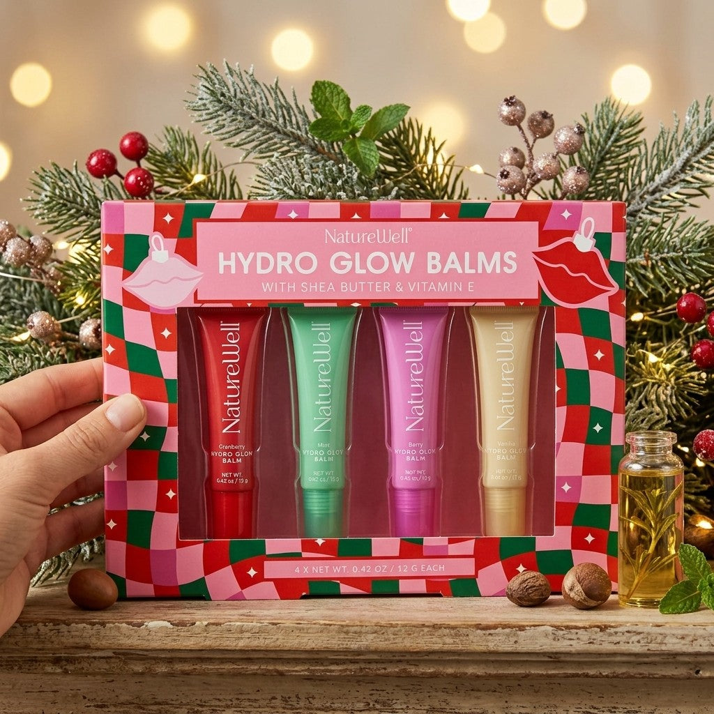 NatureWell Hydro Glow Balms 4pk Shea Butter Vit E Berry Mint Vanilla Cranberry
