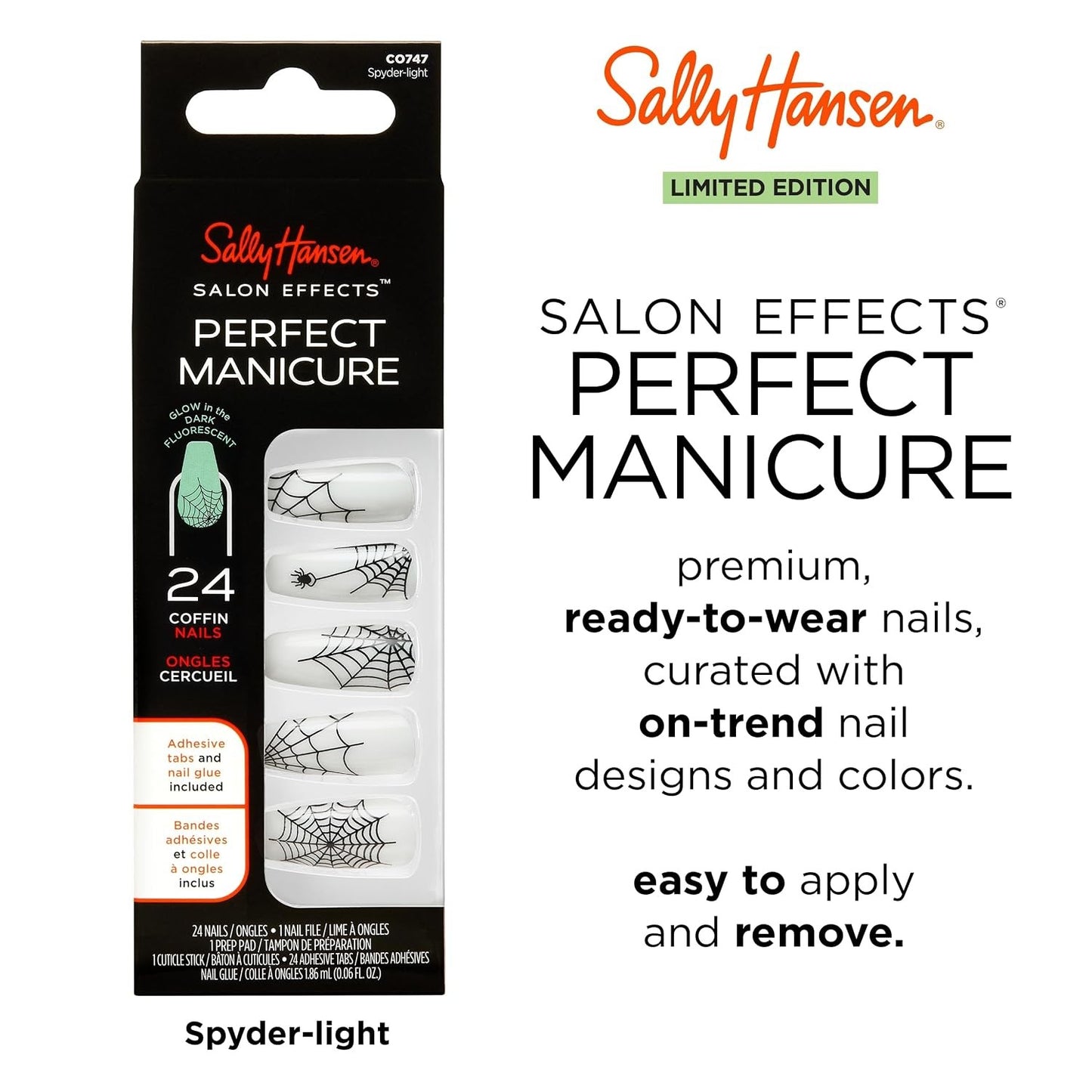 Sally Hansen Salon Effects® Perfect Manicure, Spyder-Light, Press On Nails, Non-Damaging Adhesive Tabs, File, and Alcohol Pad Included