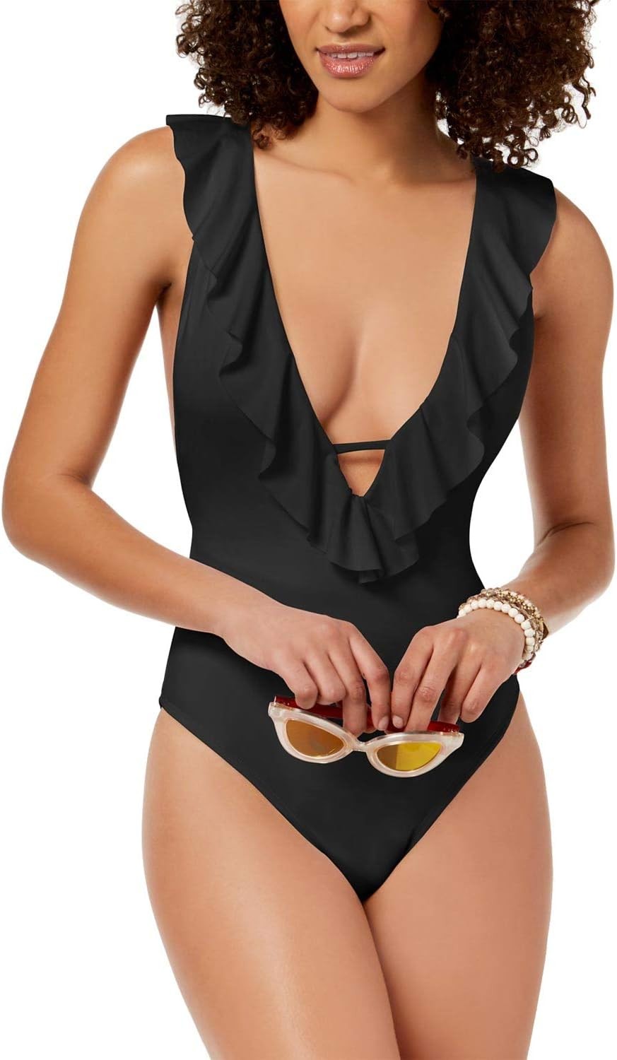 Bar III Womens Ruffled Cross-Back One-Piece Swimsuit Black M
