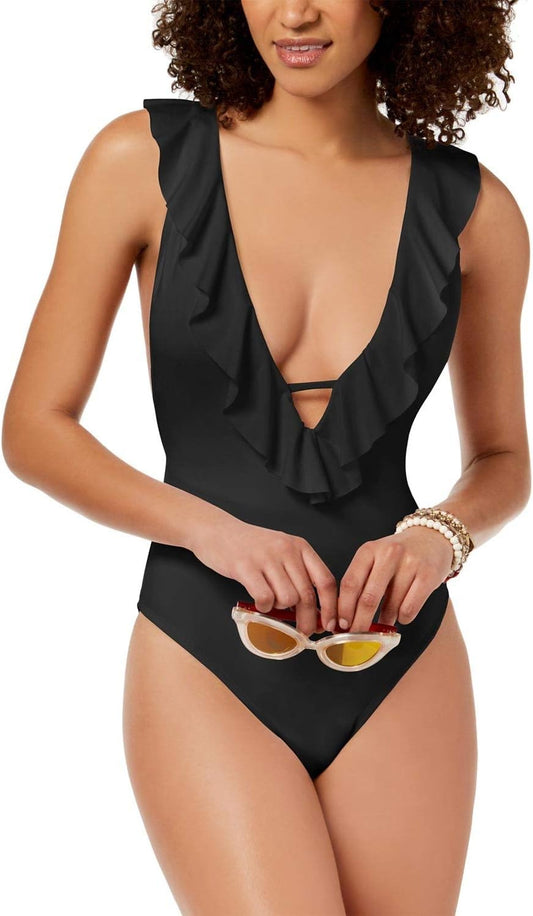Bar III Womens Ruffled Cross-Back One-Piece Swimsuit Black M