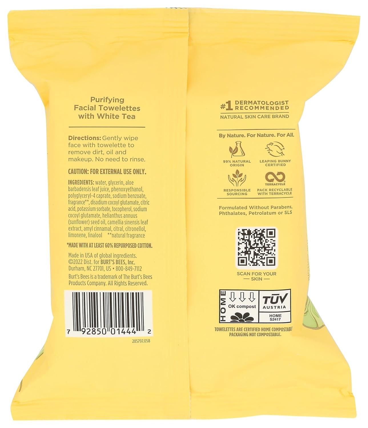 Burt’s Bees Purifying White Tea Facial Towelettes, 100% Plant Based Cloths; 30CT