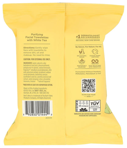 Burt’s Bees Purifying White Tea Facial Towelettes, 100% Plant Based Cloths; 30CT
