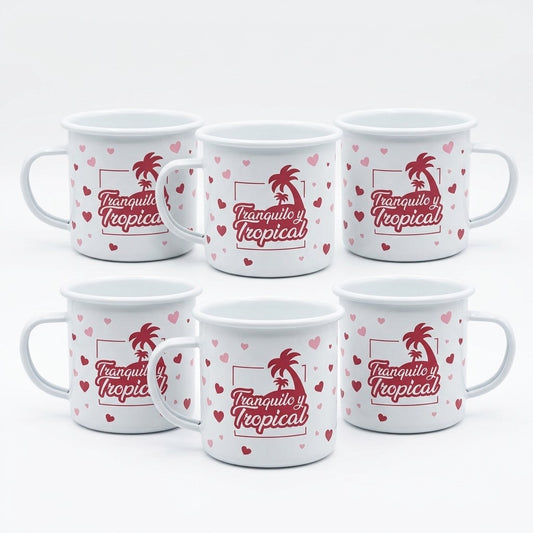 Set of 6 Enamel Mugs 17oz Tranquilo y Tropical Palm Tree Coffee Cups Retro