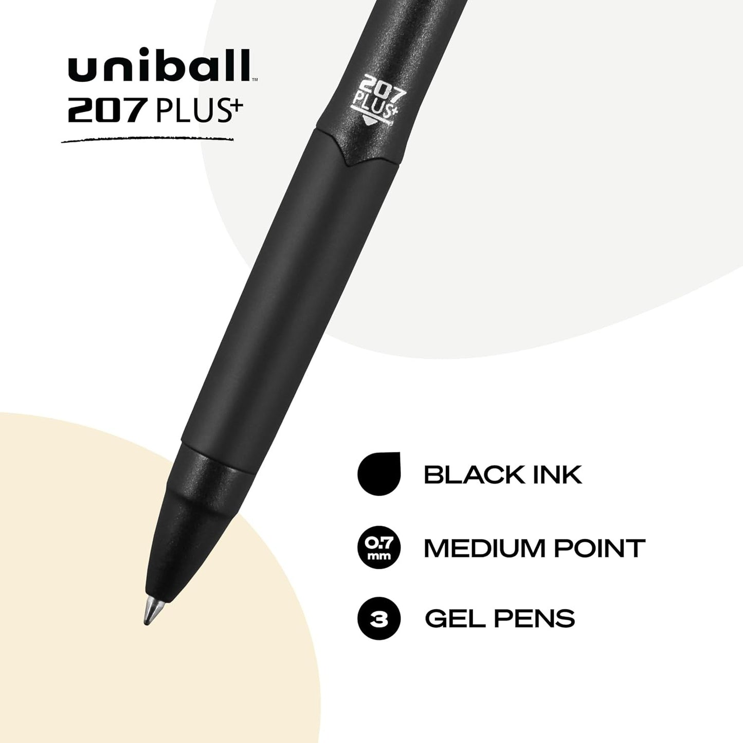uniball™ 207 Plus+ Gel Pens, Black Ink, 0.7mm Medium Point, 3 Count Retractable