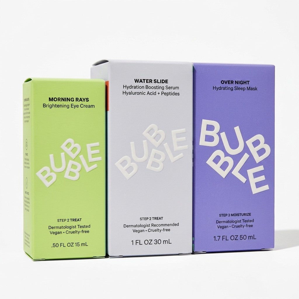 Bubble Skincare Set 3pc Water Slide Serum, Overnight Mask, Morning Rays Eye Cream