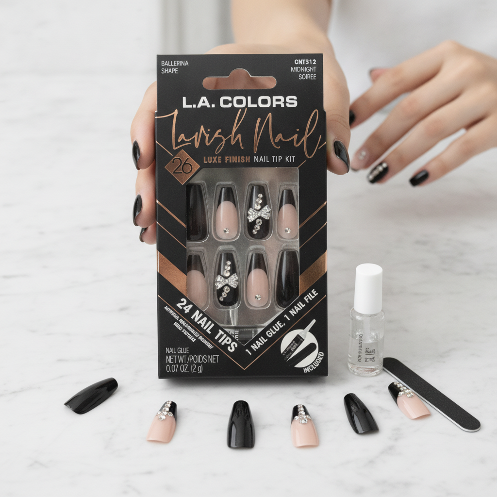 L.A. Colors Lavish Nail Luxe Finish Midnight Soiree Ballerina Shape 24 Tip Kit