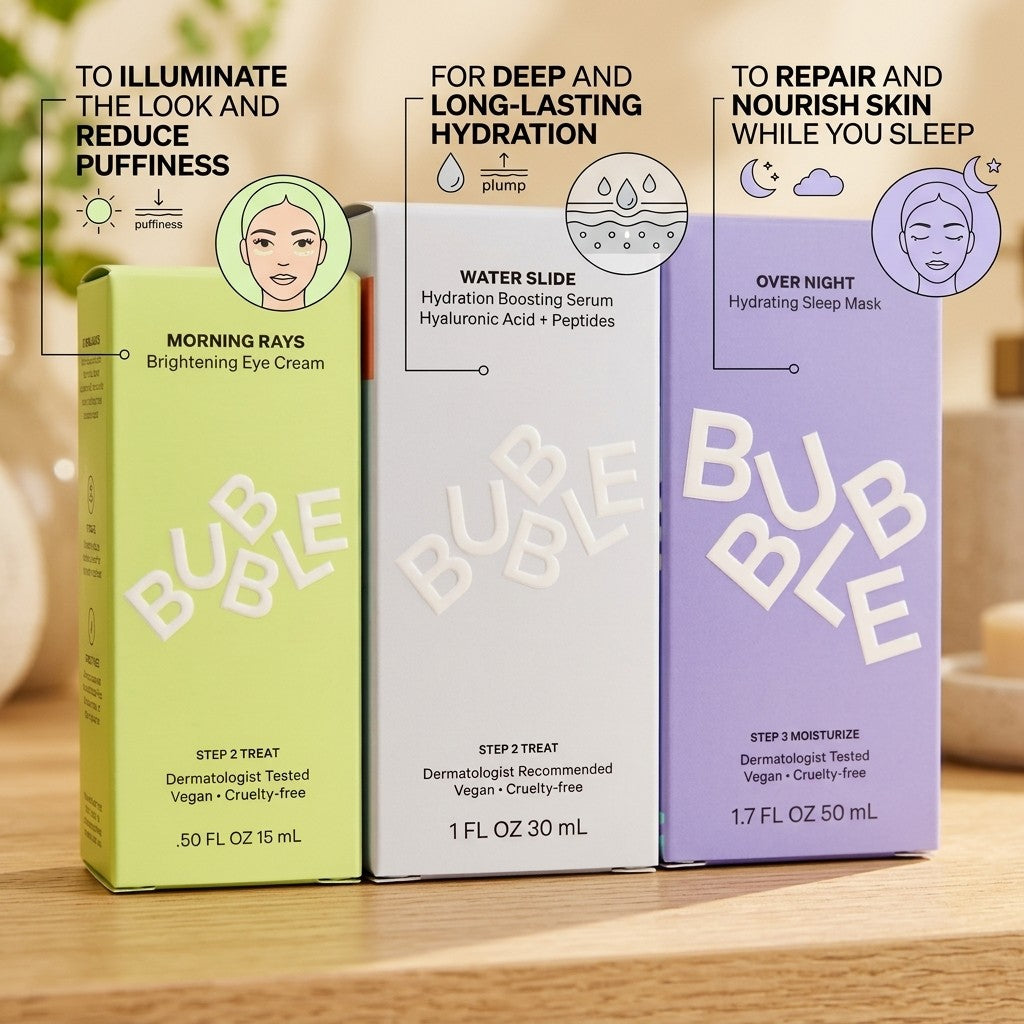 Bubble Skincare Set 3pc Water Slide Serum, Overnight Mask, Morning Rays Eye Cream