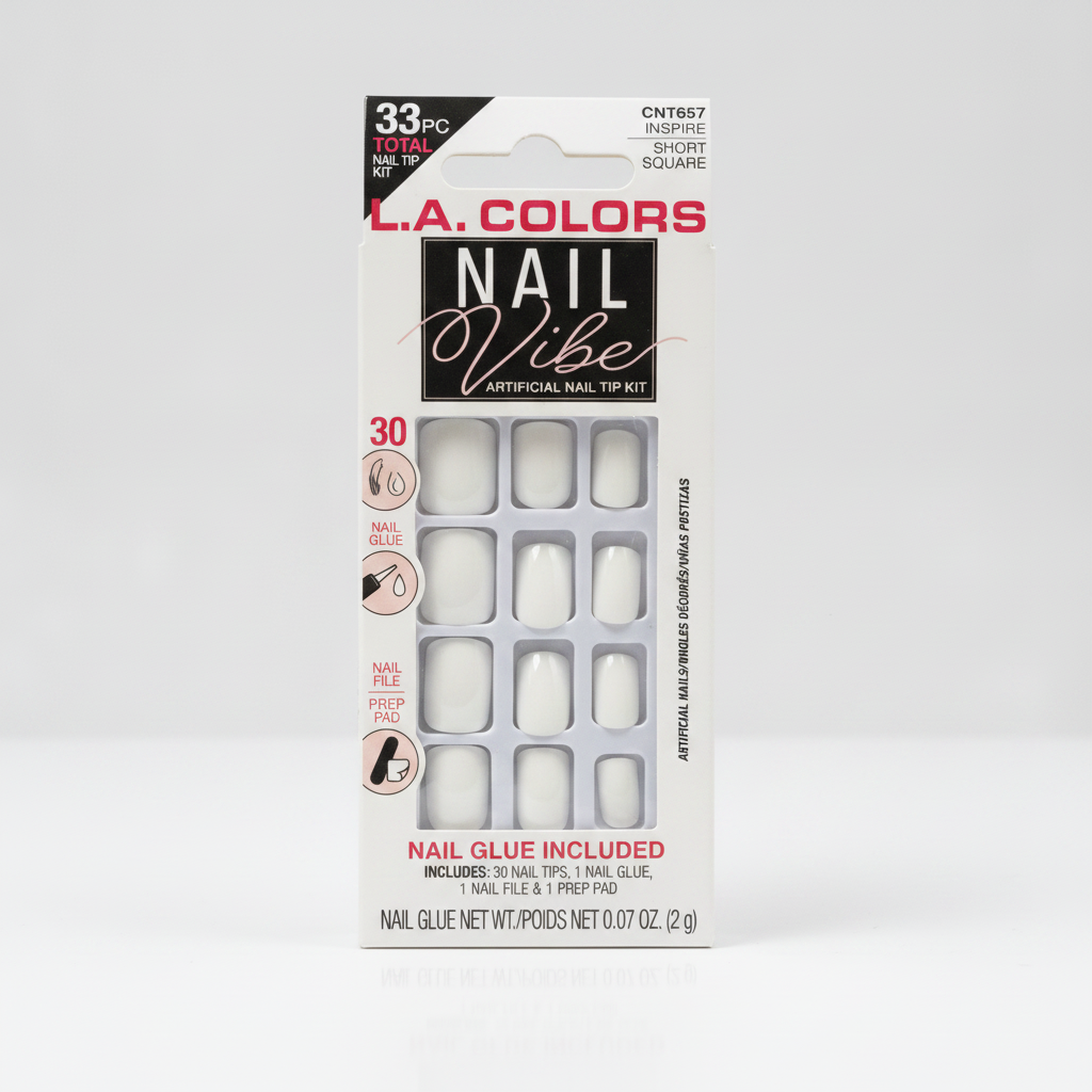 L.A. COLORS Nail Vibe Artificial Nail Tip Kit Short Square White 30 Tips + Glue