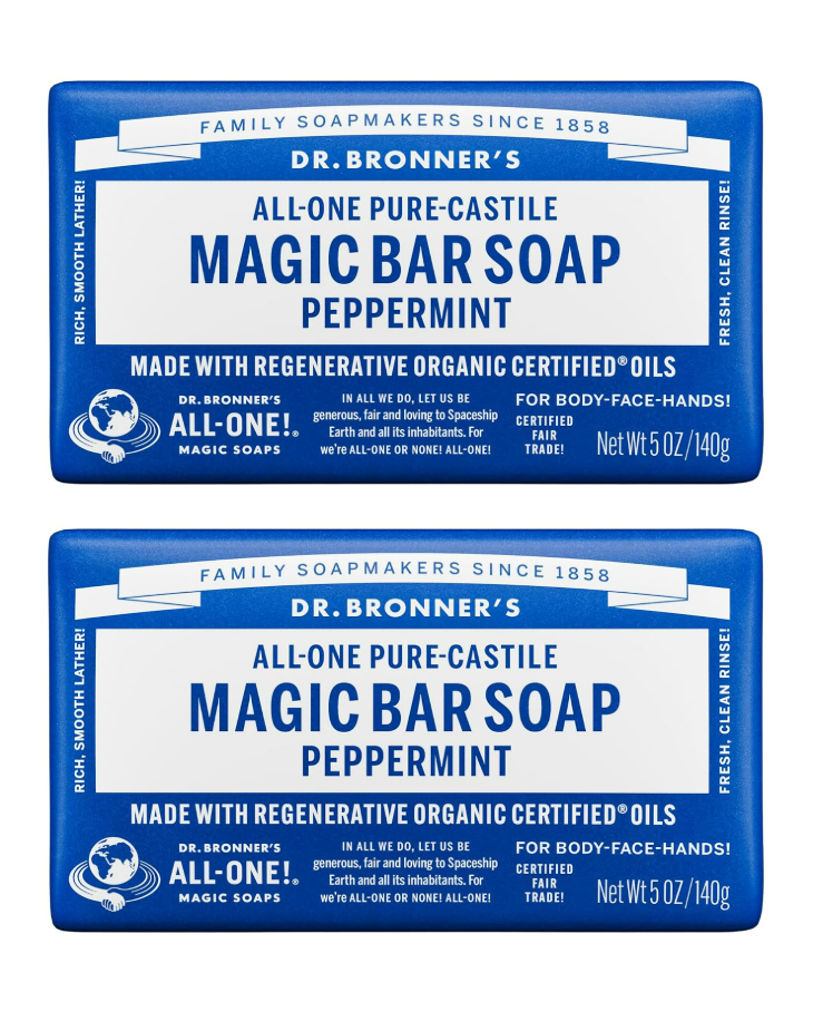 Dr. Bronner's Pure-Castile Bar Soap, Peppermint, 5 oz, 2-Pack for Men & Women