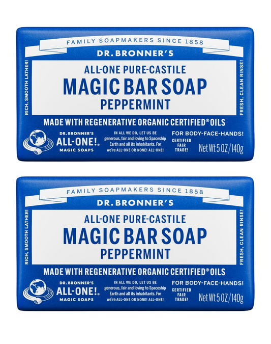 Dr. Bronner's Pure-Castile Bar Soap, Peppermint, 5 oz, 2-Pack for Men & Women