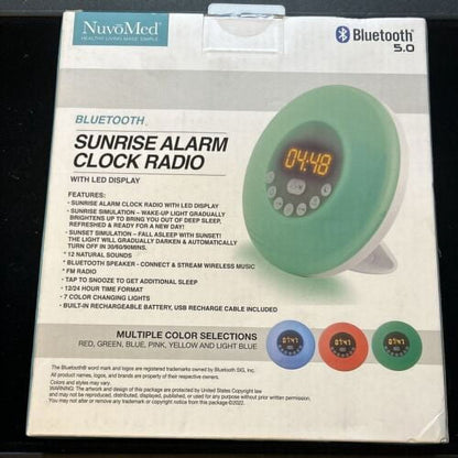 NuvoMed Sunrise Alarm Clock Radio Bluetooth Led Display Multiple Color