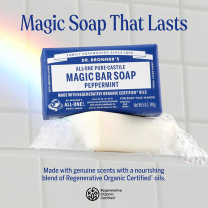 Dr. Bronner's Pure-Castile Bar Soap, Peppermint, 5 oz, 2-Pack for Men & Women