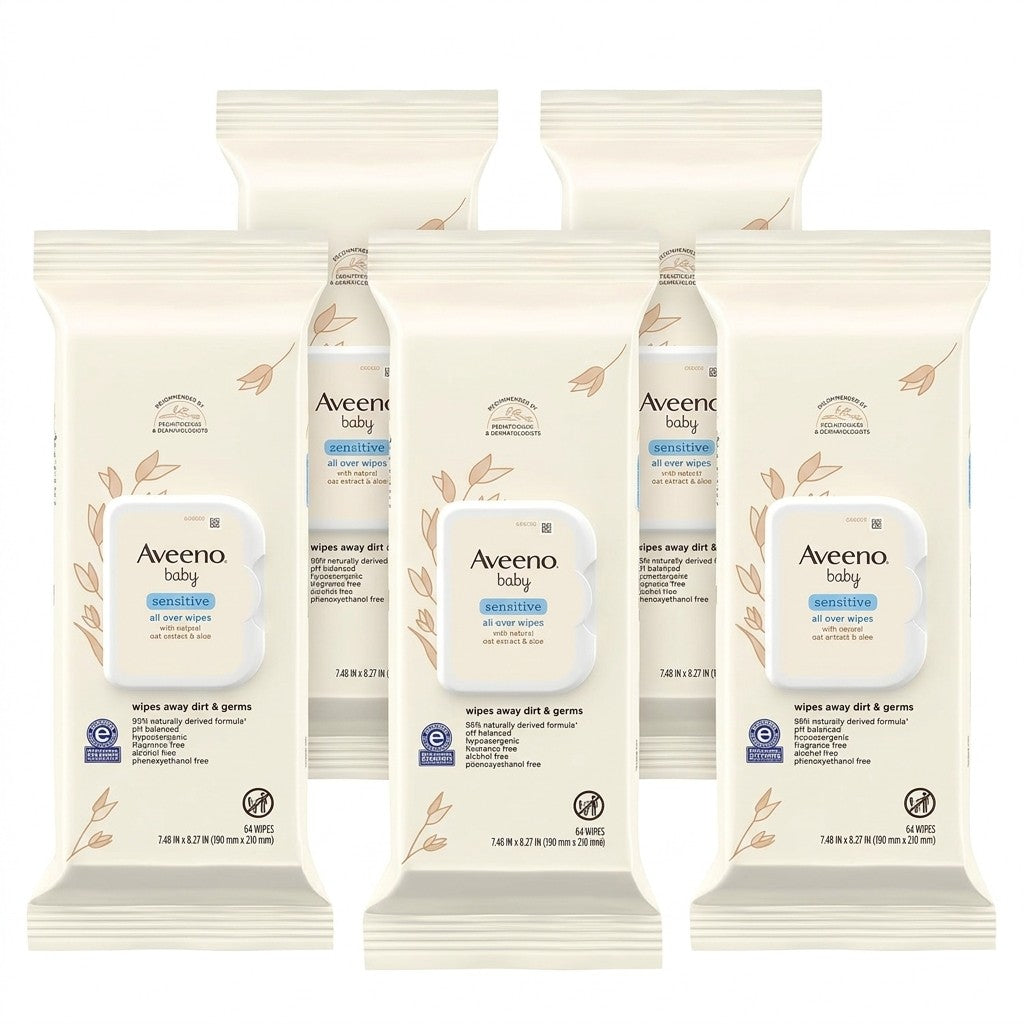 5 Pack Aveeno Baby Sensitive All Over Wipes Aloe Oat Extract 320 Wipes Total