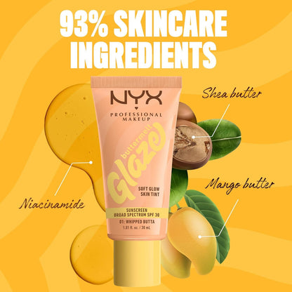 NYX PROFESSIONAL MAKEUP Buttermelt Glaze Soft Glow Skin Tint with SPF 30 Up To 12HR Wear 01 Whipped Butta