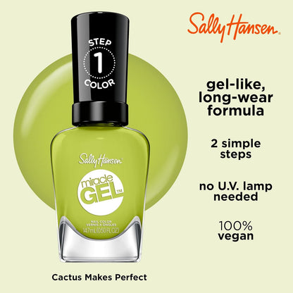Sally Hansen Miracle Gel Salon Quality Nail Polish Gel Like Formula Two Step System No UV Light Needed Long Lasting Opaque Glossy 764 Cactus Makes Perfect Crème Green Nail Polish