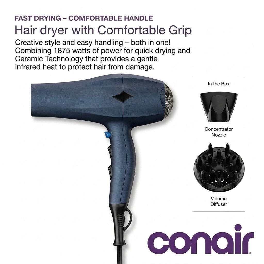 Conair 1875W Velvet Touch Hair Dryer Comfort Grip Styler Diffuser & Concentrator