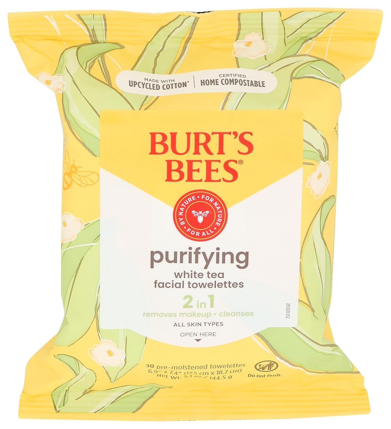 Burt’s Bees Purifying White Tea Facial Towelettes, 100% Plant Based Cloths; 30CT