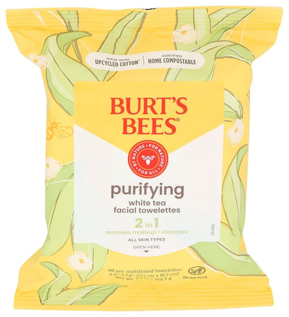 Burt’s Bees Purifying White Tea Facial Towelettes, 100% Plant Based Cloths; 30CT