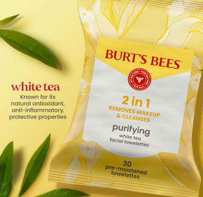 Burt’s Bees Purifying White Tea Facial Towelettes, 100% Plant Based Cloths; 30CT